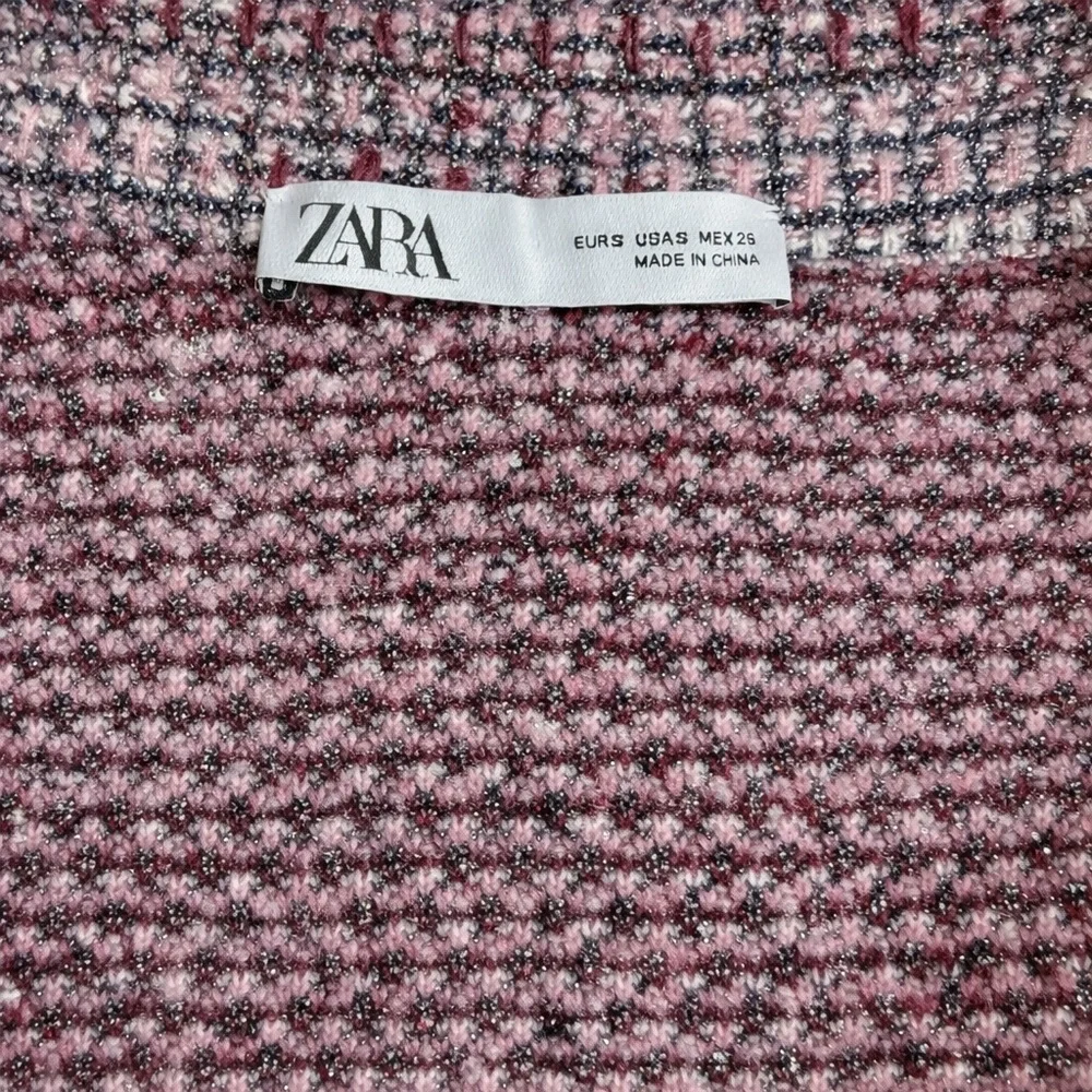 ZARA Pink Metallic Tweed Knit Shacket Jacket Check Frayed Trim Boxy S/M - Picture 7 of 9